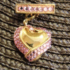 Vintage Pink Rhinestone Dangling Heart Pin